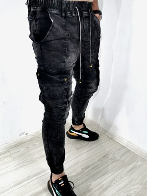 Spodnie męskie jeansowe joggery bojówki slim czarne TH 36