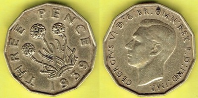 Wielka Brytania 3 Pence 1939 r.