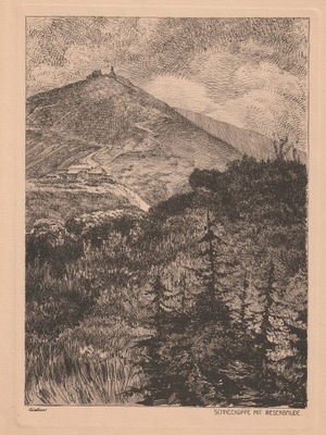 ŚNIEŻKA. Schronisko Obři Bouda, około 1900, akwaforta