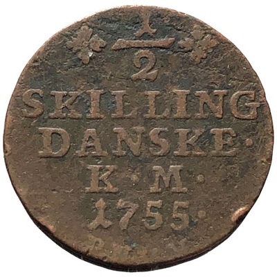 87460. Dania - 1/2 skillinga - 1755r. (3,38g/20mm)