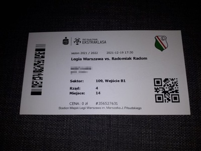 Bilet Legia Warszawa - Radomiak Radom - 19.12.2021