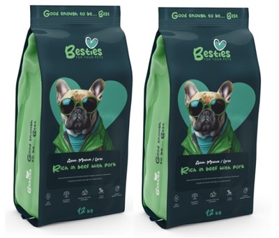 BESTIES PREMIUM ADULT DOG MEDIUM LARGE BEEF PORK 2x12KG