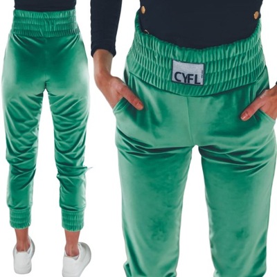 Dresowe damskie spodnie zielone joggery welurowe L