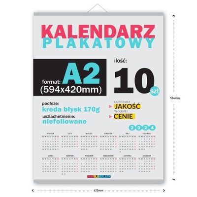 KALENDARZ PLAKATOWY ŚCIENNY LISTWOWANY A2 10szt