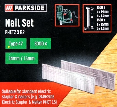 PARKSIDE zestaw gwoździ 14mm 15mm typ 47 3000szt PHETZ 3 B2 do PHET 15