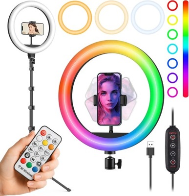 ZESTAW LAMPA PIERŚCIENIOWA LED RING RGB 26cm MAKEUP SELFIE + STATYW 210cm