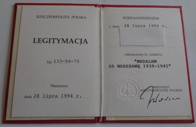 LEGITYMACJA MEDALU ZA WARSZAWĘ 1939-1945 III RP 1994