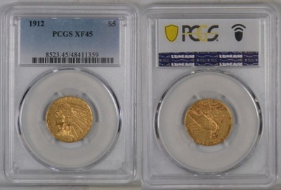 Z566. USA 5 DOLARÓW 1912 XF45 PCGS ZŁOTO