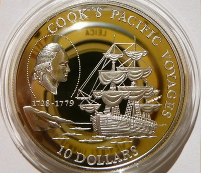 10$ NIUE 1992 ŻAGLOWIEC PODRÓŻE COOKA Ag 925 Oz+CE