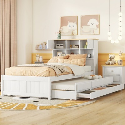 Pojedyncze łóżko drewniane z wysuwanym schowkiem 3 szuflady biały