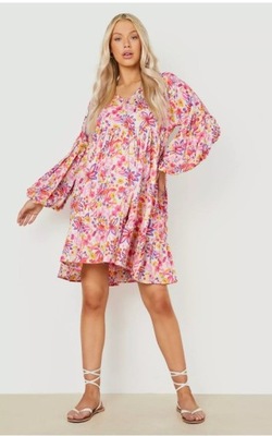 BOOHOO BEŻOWA SUKIENKA BABY DOLL PRINT 44 46