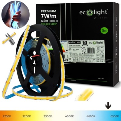 TAŚMA LED COB PROFESJONALNA 7W/m 12V BIAŁA ZIMNA 6000K NEON 630lm/m 5M