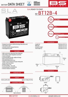 BS AKUMULIATORIUS BT12B-4 (FA) (YT12B-4) 151X70X130 12V 10AH BEZOBSLUGOWY - ZAL 