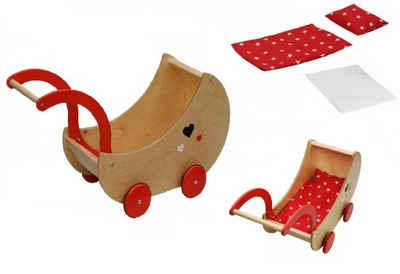 Wózek drewniany dla lalek pchacz pościel