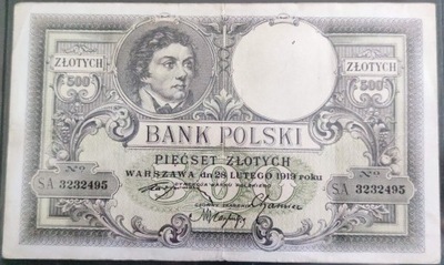 Banknot 500 zł st. średnio-dobry seria S.A. z 1919