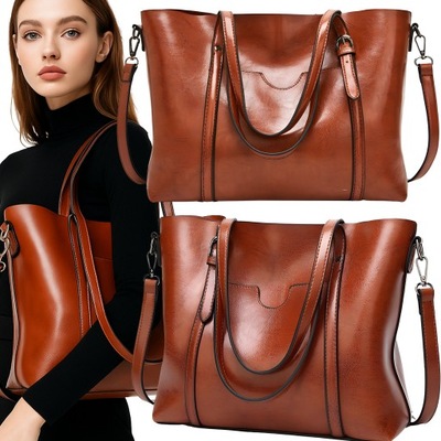 POJEMNA DAMSKA TORBA TOREBKA EKO-SKÓRZANA NA RAMIĘ BRĄZOWA POJEMNA+PASEK