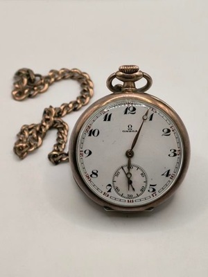 Zegarek kieszonkowy srebrny OMEGA, z dewizką