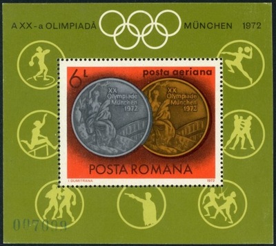 Rumunia 1972 Znaczki Blok 100 ** sport igrzyska olimpijskie Olimpiada medal