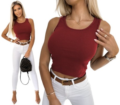 Wygodny PRĄŻKOWANY CROP TOP Elastyczny Bordowy L