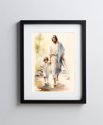 Jezus spacerujący z dzieckiem - 30x40 cm - Bez ram