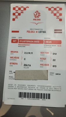 Bilet Polska - Łotwa stan idealny