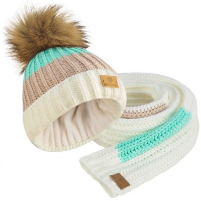 Betlewski Komplet zimowy beżowa czapka z pomponem dla dziecka ciepły szalik