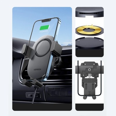 Samochodowa ładowarka bezprzewodowa Qi 15W + uchwyt telefonu na kratkę