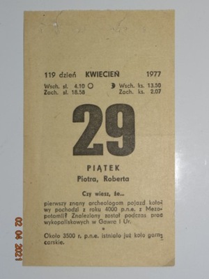 KARTA KALENDARZA 29 KWIECIEŃ 1977 29 04 IV