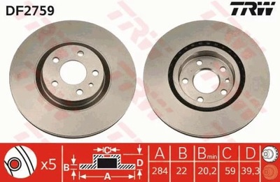 TRW DF2759 DISCO DE FRENADO 284X22 V 5-OTW ALFA ROM  