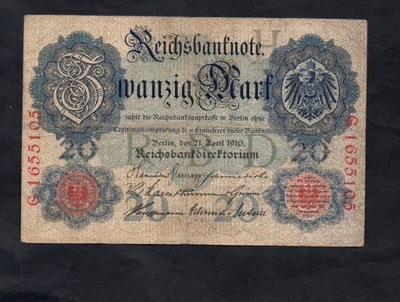 BANKNOT NIEMCY -- 20 marek -- 1910 rok , ser G