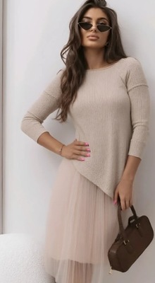 Sukienka 2 części plisowany tiul z sweterkiem beżowa UNI