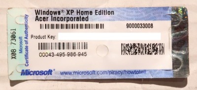 Naklejka Windows XP Home Edition ACER klucz