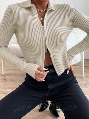 SHEIN SWETER PRĄŻKOWANY ROZPINANY BEŻOWY M M6B