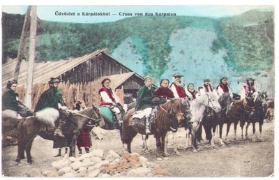 POZDROWIENIA Z KARPAT- 1915 Huculi na koniach wioska