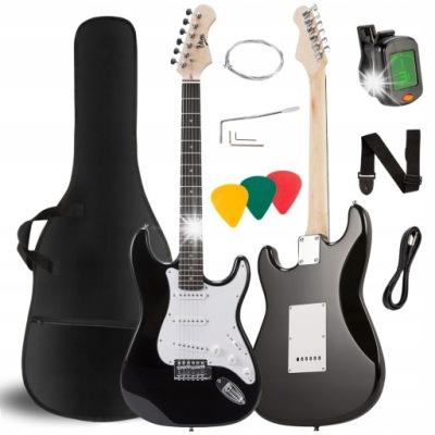 GITARA ELEKTRYCZNA STRATOCASTER 4/4 POKROWIEC PRZEWÓD KOSTKI TUNER STRUNY