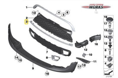 Mini r55 r56 r57 молдинг решітка бампера нижня хром 7209904 оригінальний номер фото №1