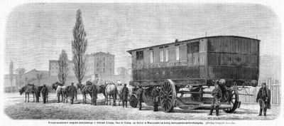 drzeworyt 1871 Wagon pocztowy fabryka Lilpop i Rau