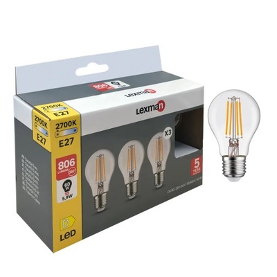 Żarówka LED 3 szt. E27 5.9 W = 60 W 806 lm Ciepła Lexman Leroy Merlin