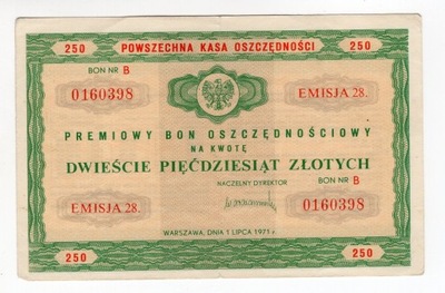 Bon Oszczędnościowy PKO 250 zł 1971