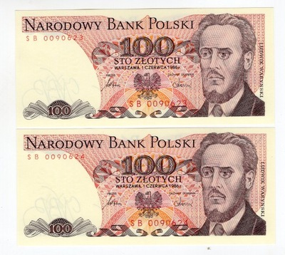 100 złotych 1986 SB 2 sztuki kolejne numery