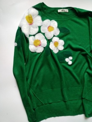 Sweter kwiaty nowy wełna M zielony delikatny filcowany kolorowy ZARA