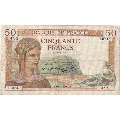 Francja, 50 Francs, Cérès, 1939, H.9745, VF(20-25)
