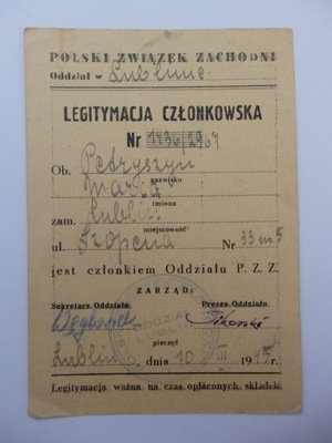 Stara Legitymacja Członkowska, 1945r. K956