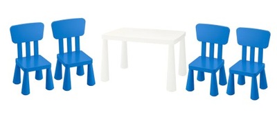 IKEA Zestaw MAMMUT Stolik dziecięcy biały i krzesełka niebieskie 4 szt