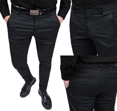 Eleganckie Czarne Gładkie Spodnie Męskie Dopasowane - 36