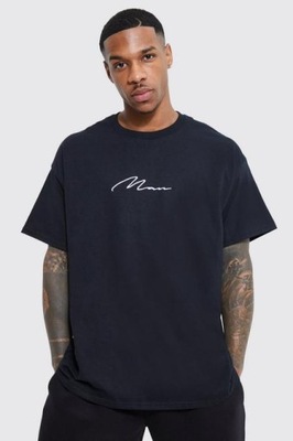 BoohooMan czarny t-shirt oversize napis defekt M