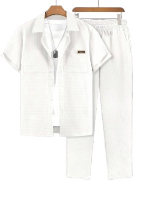 SHEIN BIAŁY KOMPLET MĘSKI KOSZULA KRÓTKI RĘKAW SPODNIE M 1JI