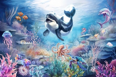 Tapeta na wymiar dla dzieci, podwodny świat, delfin, orka, ośmiornica, ryby