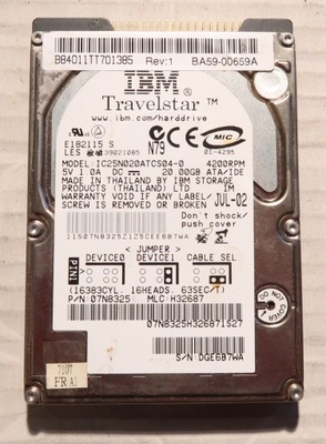 Dysk 2,5' 20GB IDE PATA IBM Travelstar IC25N020ATCS04-0