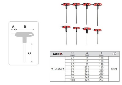 YATO КЛЮЧІ IMBUSOWE/HEX Z RĘKOJEŚCIĄ КОМПЛЕКТ 8 ELEM. 2,5/3/4/5/6/7/8/10MM